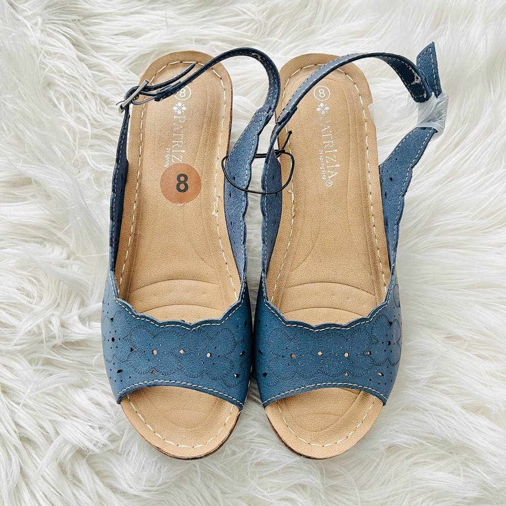Patrizia by Spring Step Denim Blue Laser Cut Wedge Sandals